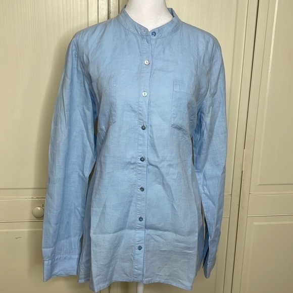 EILEEN FISHER Women's Blue Collarless Button Down Long Sleeve Linen Tunic Size S - Picture 1 of 9